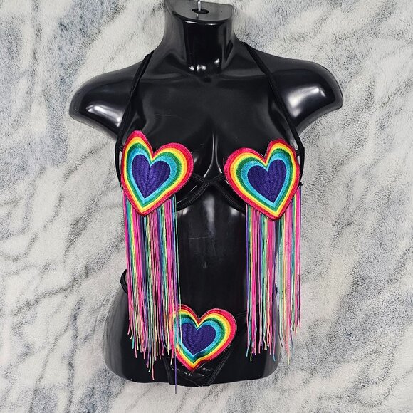 Dolls Kill Other - Dolls Kill Club Exx Medium Black Lingerie Set Rainbow Fringe Heart Pride